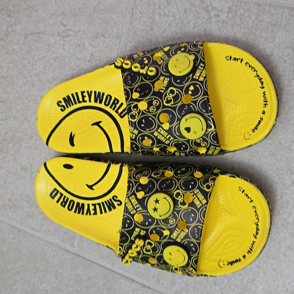 CROCS Yellow and Black Smiley Face Sandals